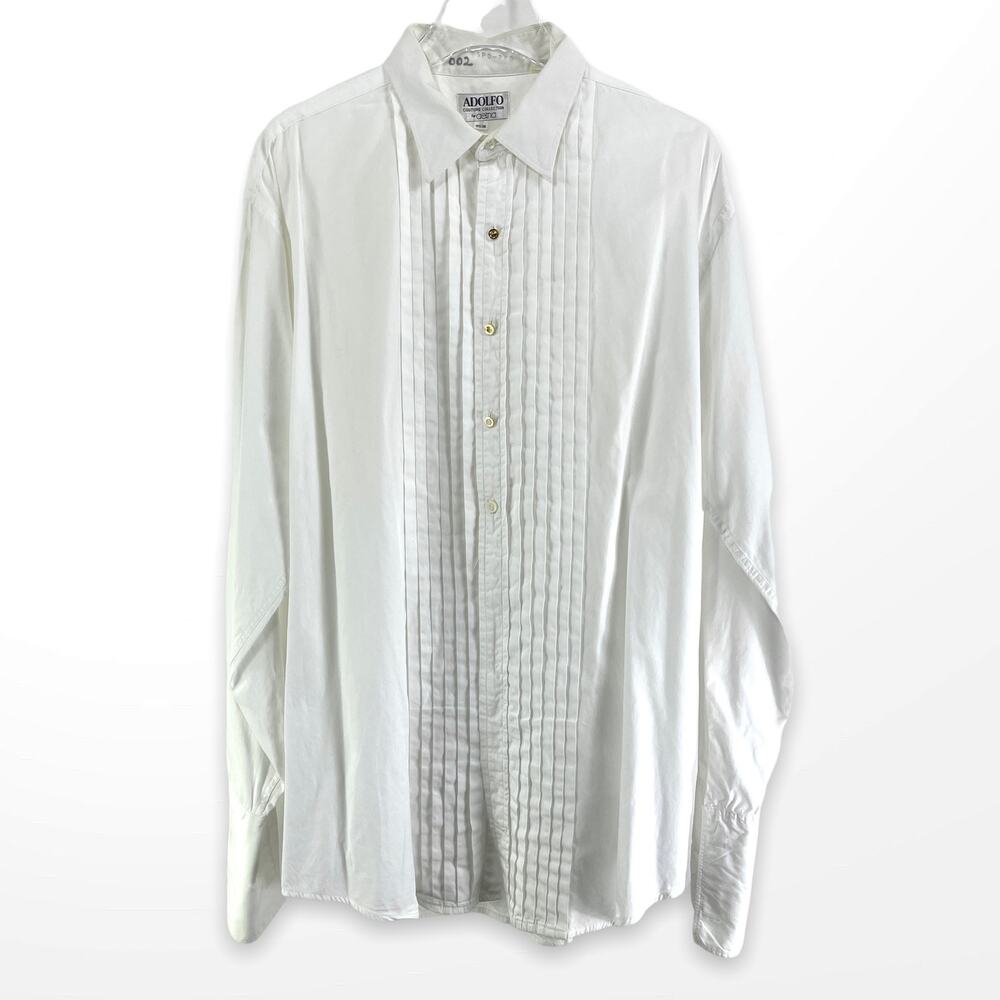 00s ADOLFO Vintage White Pin Tuck Long Sleeve Button Up Dress Shirt